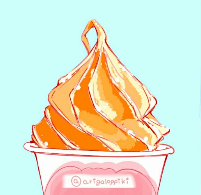 arinko_(a_ringo_hoppe) artist_name blue_background cup disposable_cup food food_focus ice_cream jpeg_artifacts no_humans original shiny signature simple_background soft_serve still_life twitter_username