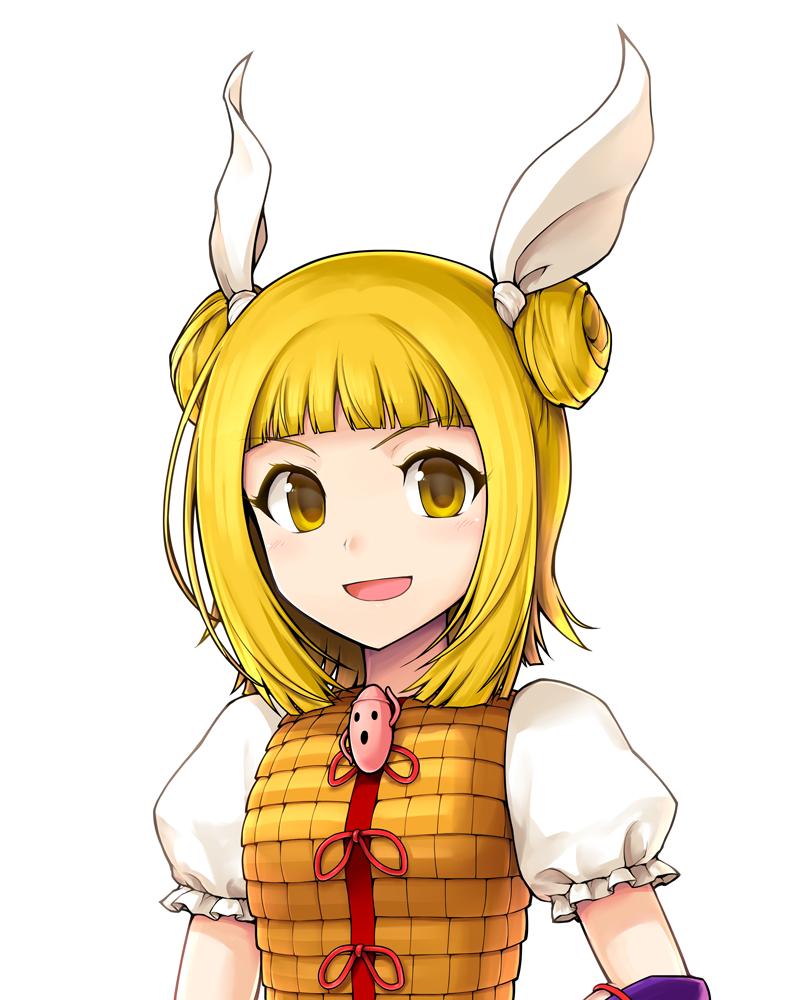 1girl :d bangs blonde_hair blunt_bangs blunt_ends double_bun ebizome haniwa_(statue) joutouguu_mayumi open_mouth puffy_short_sleeves puffy_sleeves short_sleeves simple_background smile solo touhou upper_body white_background yellow_eyes