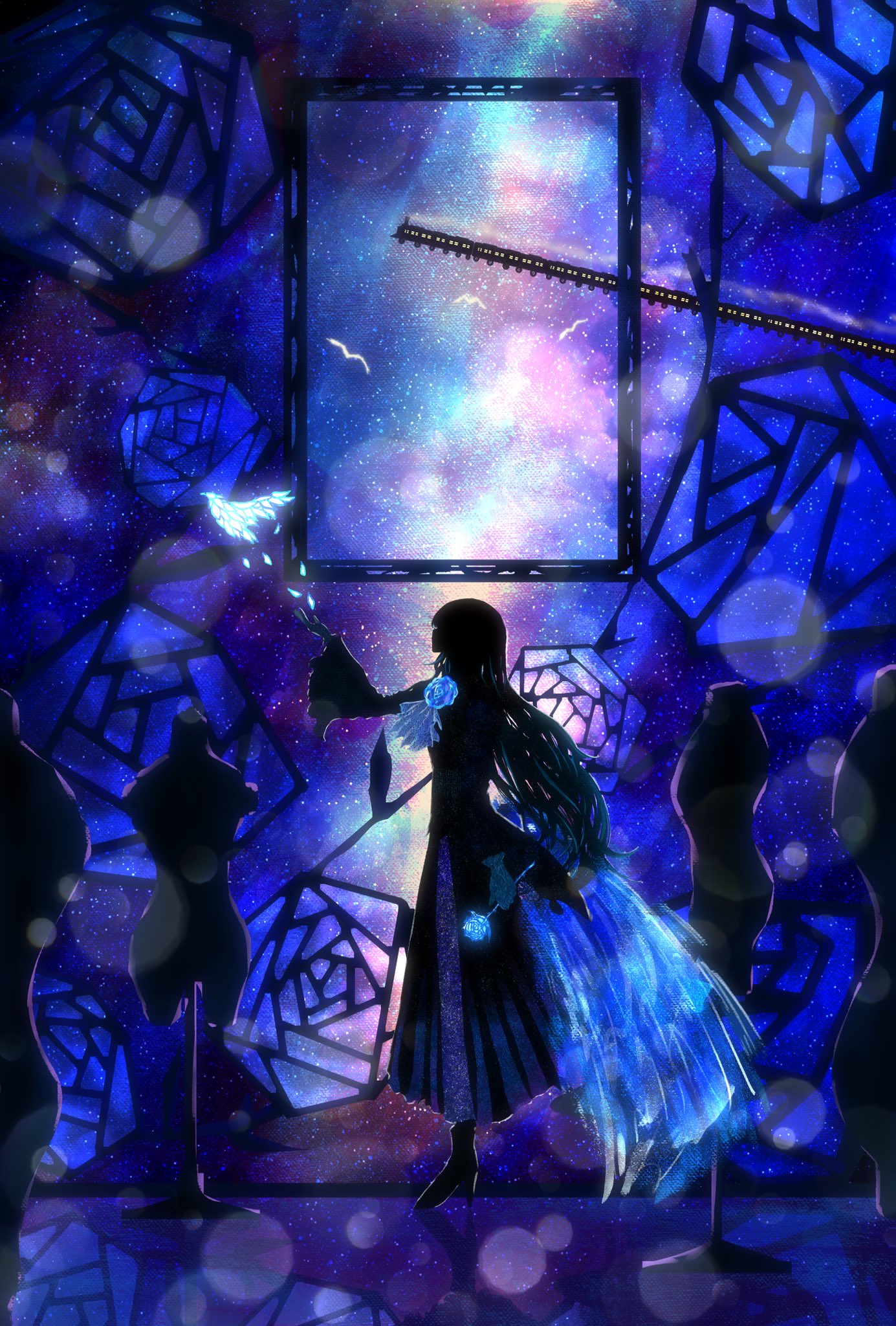 1girl ado_(singer) arm_up bird blue_flower blue_rose blue_theme dress feathers flower flying_train from_side glowing_bird glowing_feather ground_vehicle harada_miyuki headless highres holding holding_flower lens_flare locomotive long_hair mannequin niconico night picture_frame profile real_life rose silhouette sky solo stained_glass standing star_(sky) starry_sky steam_locomotive train