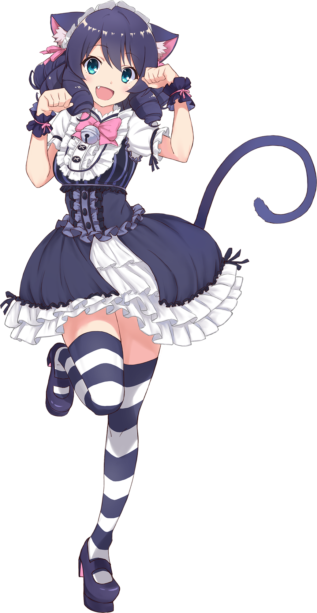 1girl animal_ears artist_request black_hair blue_eyes blush bow bowtie breasts cat_ears cat_tail cyan_(show_by_rock!!) dress eyebrows_visible_through_hair fang frilled_dress frills full_body hair_ornament hair_ribbon highres maid_headdress official_art open_mouth paw_pose pink_neckwear ribbon shiny shiny_hair short_hair show_by_rock!! simple_background small_breasts smile solo standing striped striped_legwear tail thigh-highs