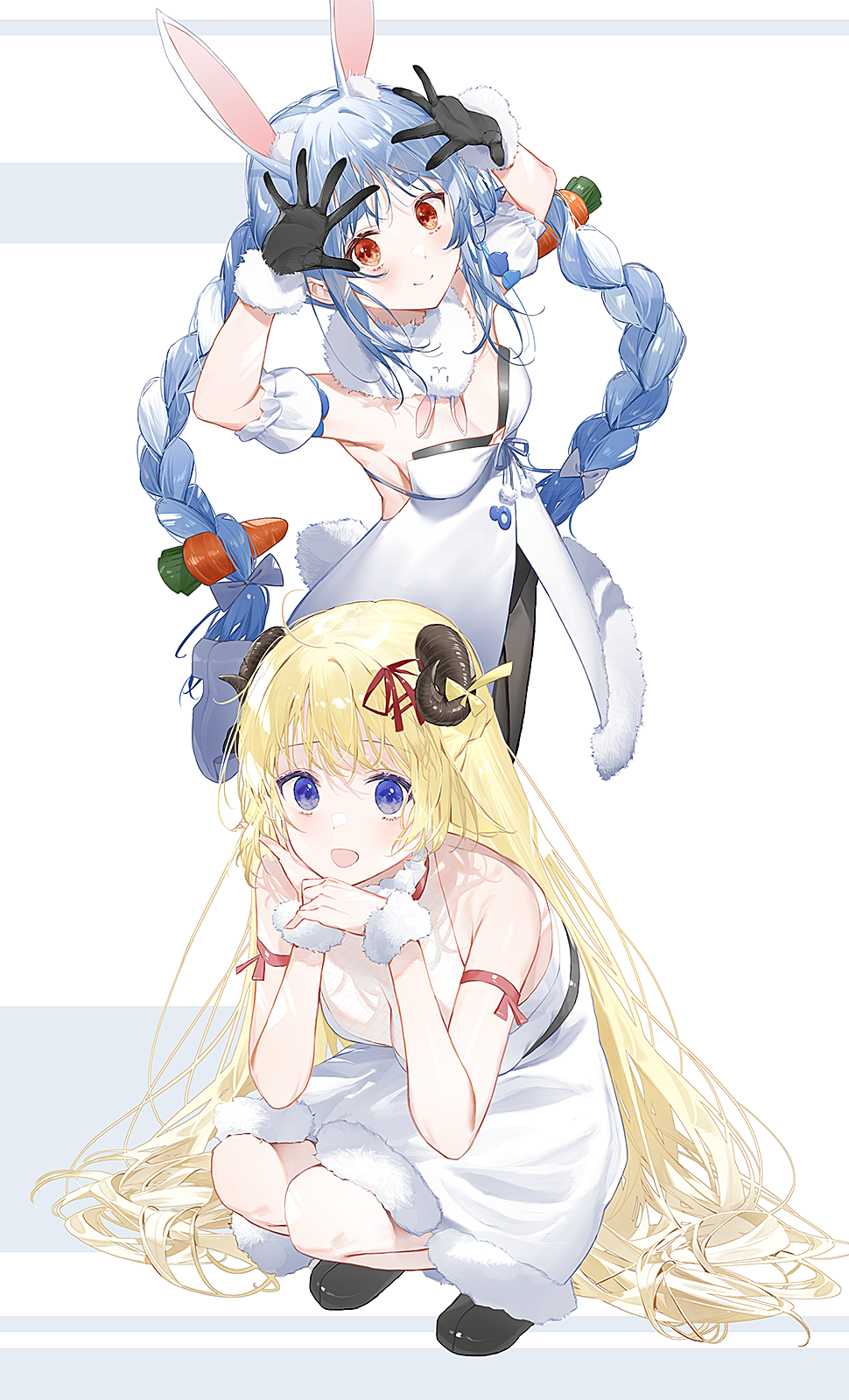 2girls :d animal_ear_fluff animal_ears arms_up bangs bare_shoulders black_footwear black_gloves black_legwear black_leotard blonde_hair blue_eyes blue_hair bow braid breasts brown_eyes carrot_hair_ornament closed_mouth commentary_request curled_horns daitai_sotogawa_(futomomo) detached_sleeves don-chan_(usada_pekora) dress eyebrows_visible_through_hair food_themed_hair_ornament fur-trimmed_gloves fur_trim gloves hair_bow hair_ornament hair_ribbon highres hololive horns leotard long_hair looking_at_viewer multicolored_hair multiple_girls open_mouth pantyhose puffy_short_sleeves puffy_sleeves rabbit_ears red_ribbon ribbon sheep_horns shoes short_eyebrows short_sleeves sleeveless sleeveless_dress small_breasts smile squatting standing strapless strapless_dress strapless_leotard thick_eyebrows tsunomaki_watame twin_braids twintails two-tone_hair usada_pekora very_long_hair virtual_youtuber white_bow white_dress white_hair white_sleeves