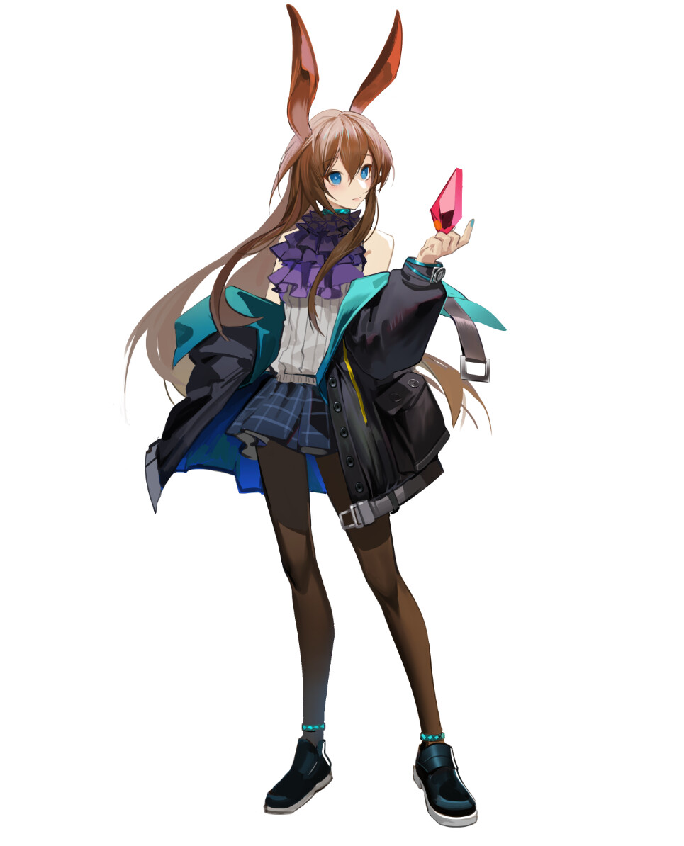 1girl amiya_(arknights) animal_ears anklet arknights bijian_de_linghun black_coat black_footwear black_legwear blue_eyes blue_nails blue_skirt brown_hair chinese_commentary closed_mouth coat commentary cravat english_commentary eyebrows_visible_through_hair full_body gem hair_between_eyes jewelry long_hair miniskirt mixed-language_commentary nail_polish neck_ring off_shoulder open_clothes open_coat pantyhose plaid plaid_skirt pleated_skirt purple_neckwear rabbit_ears ruby_(gemstone) shoes sidelocks simple_background skirt sleeveless_sweater solo standing sweater white_background white_sweater