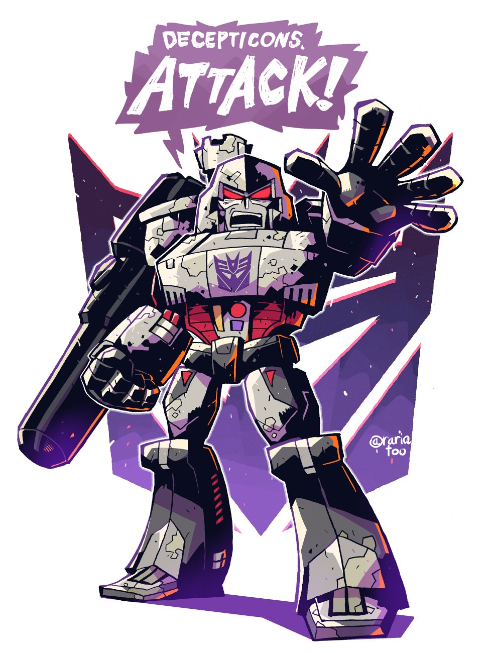 1boy arm_cannon cannon chibi clenched_hand colored_shadow decepticon english_text gun highres male_focus mecha megatron open_hand p38 rariatto_(ganguri) red_eyes shading shadow speech_bubble starry_background transformers twitter_username weapon white_background