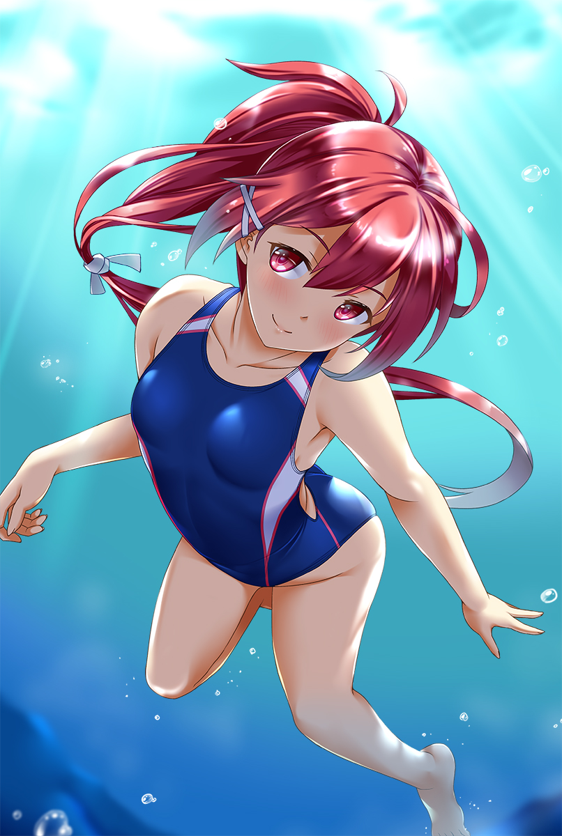 1girl air_bubble barefoot blue_swimsuit breasts bubble collarbone commission competition_swimsuit day diving eyebrows_visible_through_hair hair_between_eyes hair_ribbon highres i-168_(kancolle) kantai_collection looking_at_viewer ocean one-piece_swimsuit pink_hair ponytail red_eyes redhead ribbon skeb_commission small_breasts solo sunlight swimming swimsuit tri_tails tsuchimiya underwater water