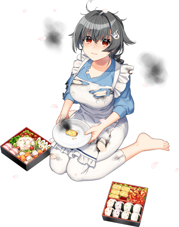 1girl :d akasaka_yuzu apron barefoot black_hair blue_shirt chopsticks eyebrows_visible_through_hair food full_body hair_between_eyes hair_flaps holding holding_chopsticks holding_plate jingei_(kancolle) kantai_collection long_hair long_sleeves obentou official_art open_mouth pants petals plate red_eyes shirt smile solo torn_apron torn_clothes torn_pants torn_shirt transparent_background white_apron white_pants