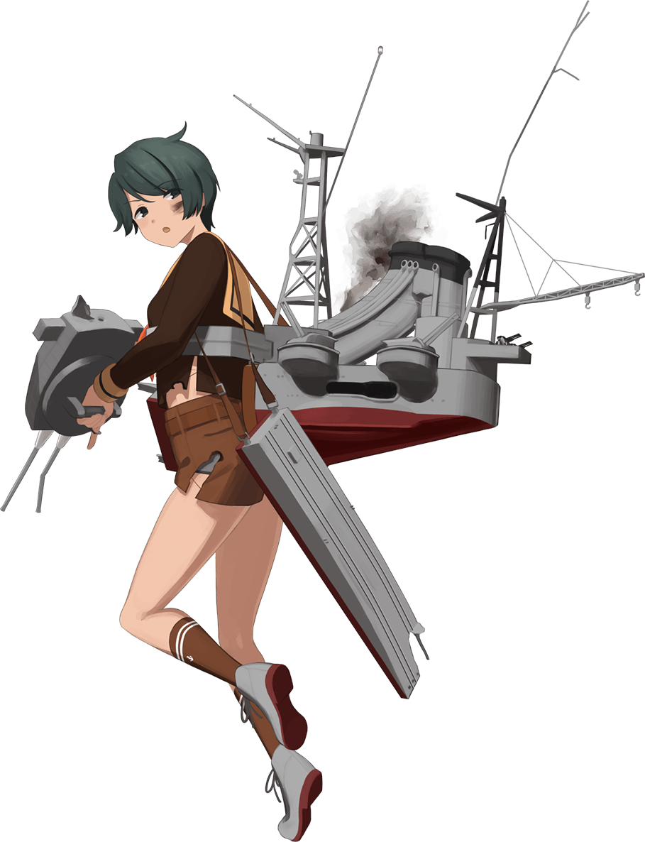 1girl adapted_turret black_eyes black_hair brown_legwear brown_sailor_collar brown_serafuku brown_shorts bruise bruise_on_face cannon full_body green_panties injury kantai_collection kneehighs long_sleeves looking_at_viewer machinery mogami_(kancolle) neckerchief official_art orange_neckwear panties remodel_(kantai_collection) sailor_collar school_uniform serafuku shibafu_(glock23) short_hair shorts smoke smokestack solo torn_clothes transparent_background turret underwear