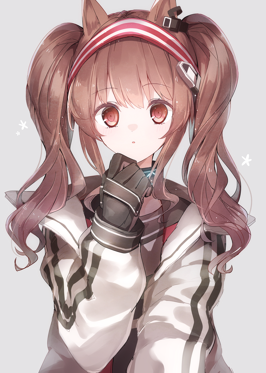 1girl :o a.a_(aa772) angelina_(arknights) animal_ears arknights bangs black_gloves blush brown_hair collar commentary_request eyebrows_visible_through_hair fox_ears gloves glowing hairband hand_up highres jacket long_hair long_sleeves looking_at_viewer open_clothes open_jacket parted_lips red_eyes red_hairband sidelocks simple_background solo twintails two-tone_hairband upper_body white_background white_jacket