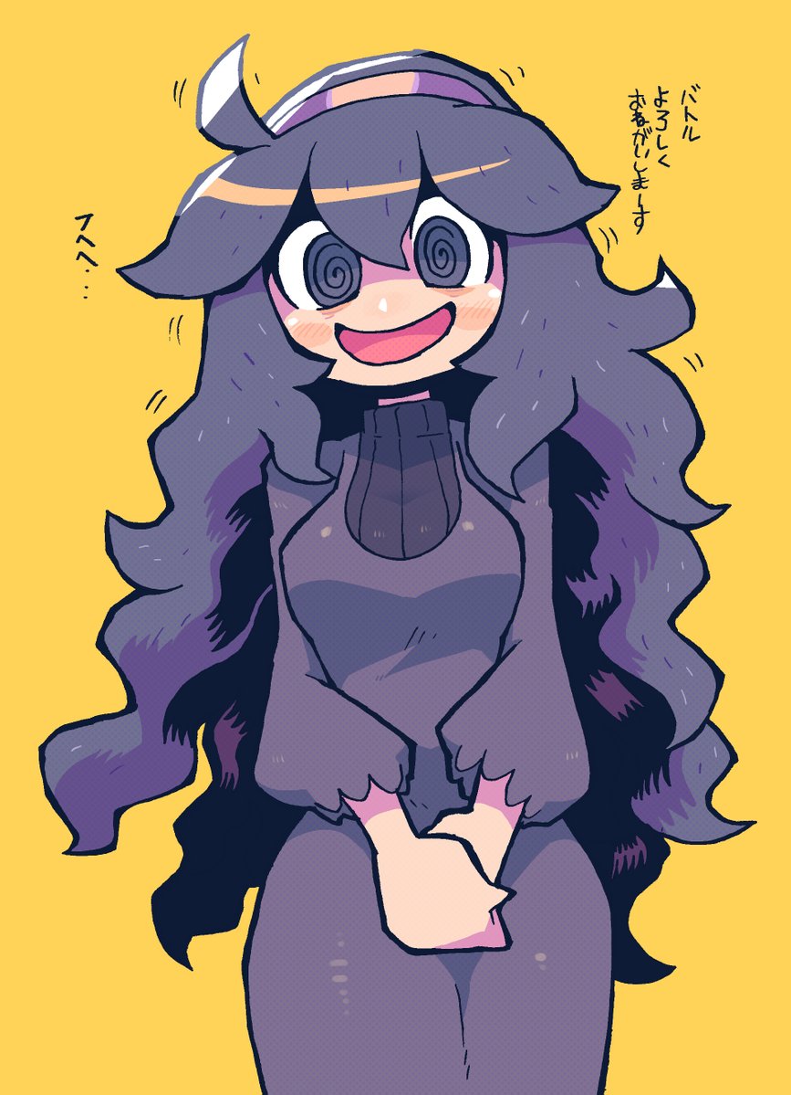 1girl :d @_@ ahoge blue_eyes commentary dress english_commentary hands_together hex_maniac_(pokemon) long_dress long_sleeves open_mouth pokemon pokemon_(game) pokemon_xy purple_dress purple_footwear purple_hair rariatto_(ganguri) shoes simple_background smile sparkle yellow_background