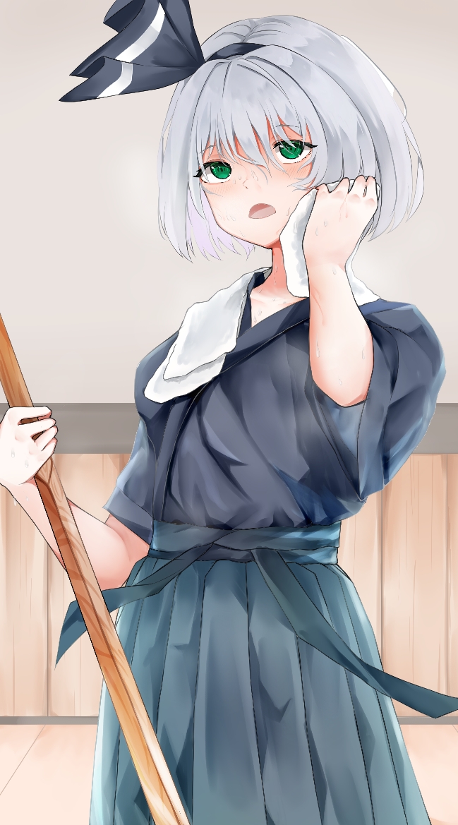 1girl 258n alternate_costume blue_hakama bokken commentary cowboy_shot eyebrows_visible_through_hair green_eyes hair_between_eyes hair_ribbon hakama hakama_skirt holding holding_towel holding_weapon indoors japanese_clothes konpaku_youmu looking_at_viewer open_mouth ribbon short_hair silver_hair solo standing sweat sword touhou towel weapon wiping_face wiping_sweat wooden_floor wooden_sword wooden_wall