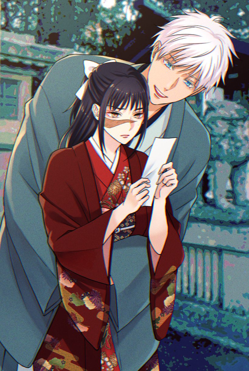 1boy 1girl ashio bangs black_hair blue_eyes blue_kimono bow brown_eyes closed_mouth cowboy_shot gojou_satoru hair_bow haori highres holding holding_paper hug hug_from_behind iori_utahime japanese_clothes jujutsu_kaisen kimono long_hair long_sleeves open_mouth paper photo_background red_kimono scar scar_on_face short_hair smile standing white_bow white_hair wide_sleeves