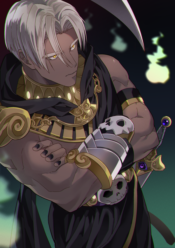 1boy bangs belt black_nails crossed_arms dark_skin dark_skinned_male eyebrows_visible_through_hair gauntlets hades_(game) hitodama hood hood_down male_focus min_(bellta) parted_bangs silver_hair single_gauntlet skull sword thanatos_(hades) weapon yellow_eyes