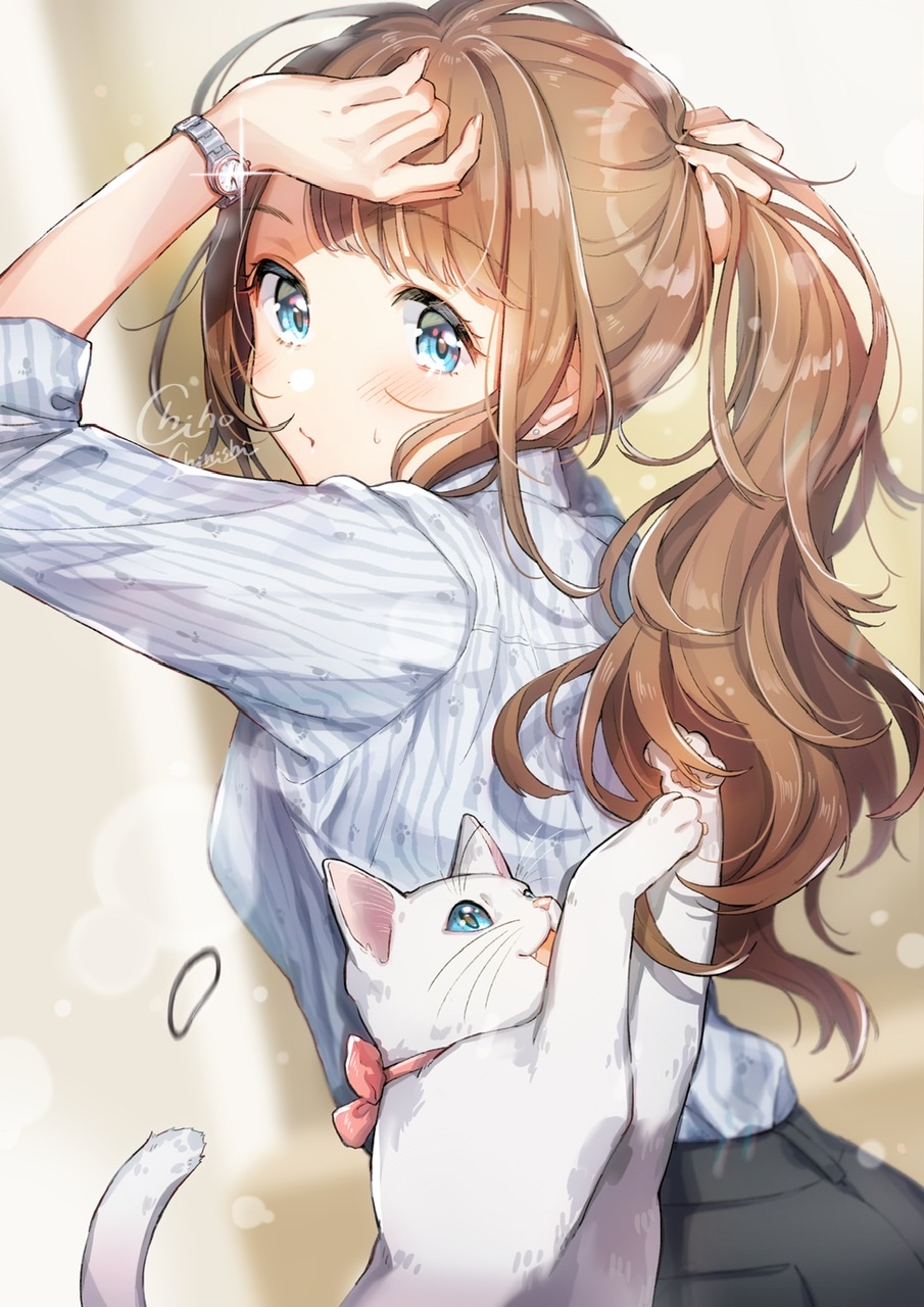 1girl arms_up black_pants blue_eyes brown_hair cat eyebrows_visible_through_hair hair_behind_ear hairband highres long_hair looking_at_viewer original pants piroshiki123 ponytail shirt shirt_tucked_in sidelocks signature sleeves_rolled_up solo striped striped_shirt tying_hair upper_body watch watch wavy_hair white_cat white_shirt