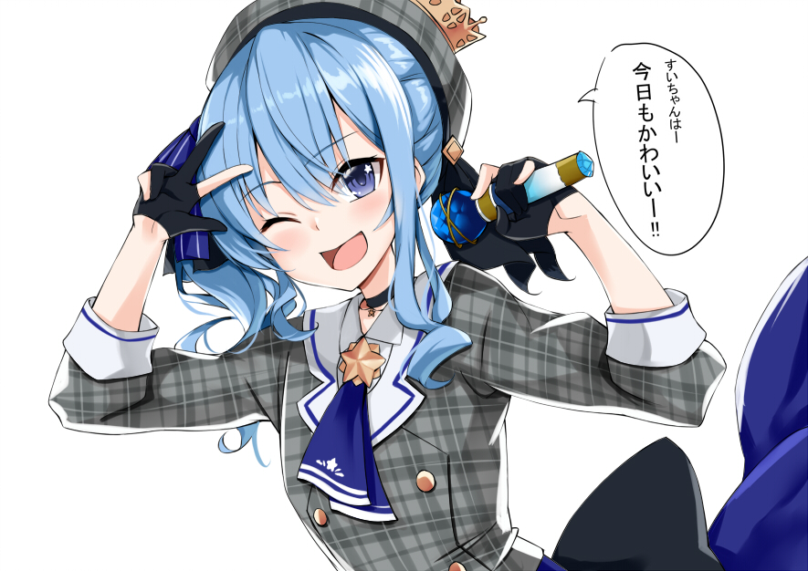 1girl bangs beret blue_eyes blue_hair blush breasts choker eyebrows_visible_through_hair gloves hair_between_eyes hat hololive hoshimachi_suisei ky_kosuke long_hair looking_at_viewer open_mouth side_ponytail smile solo star_(symbol) virtual_youtuber