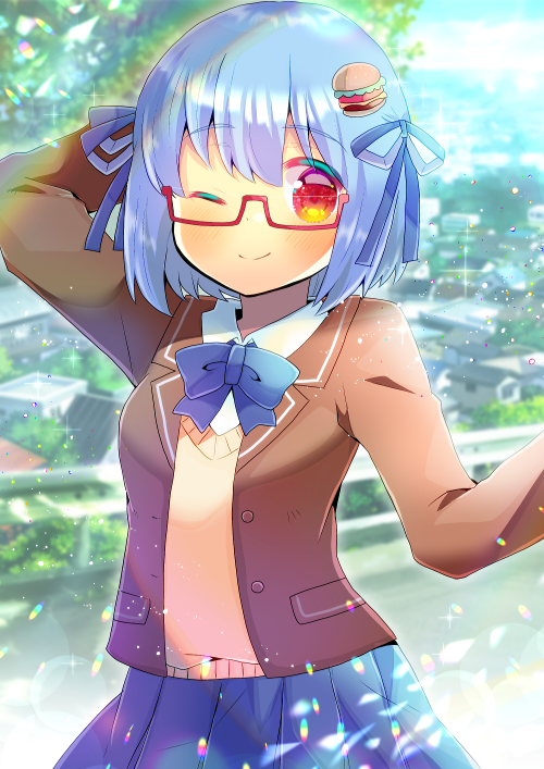 1girl ;) arm_behind_head arm_up bangs blazer blue_bow blue_hair blue_ribbon blue_skirt blurry blurry_background blush borrowed_character bow brown_jacket closed_mouth collared_shirt commentary_request day depth_of_field eyebrows_visible_through_hair food_themed_hair_ornament glasses hair_between_eyes hair_ornament hair_ribbon hamburger-chan_(nekoume) jacket kouu_hiyoyo looking_at_viewer one_eye_closed open_blazer open_clothes open_jacket original outdoors pleated_skirt red-framed_eyewear red_eyes ribbon semi-rimless_eyewear shirt skirt smile solo sweater_vest under-rim_eyewear white_shirt
