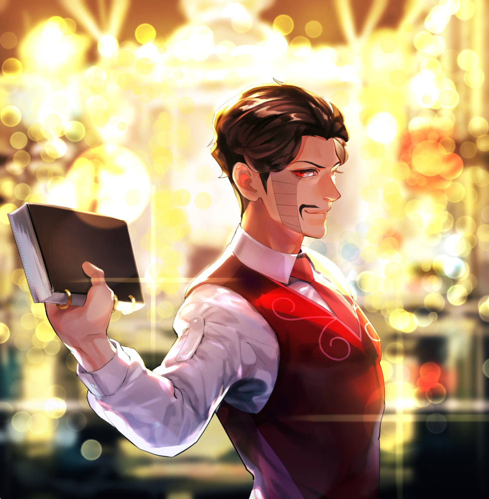 1boy at4190_(user_vzac7788) blurry blurry_background book brown_hair closed_mouth collared_shirt daniel_j._d'arby facial_hair formal holding holding_book jojo_no_kimyou_na_bouken long_sleeves looking_at_viewer mustache necktie red_eyes red_necktie red_vest shirt short_hair smile solo stardust_crusaders vest white_shirt