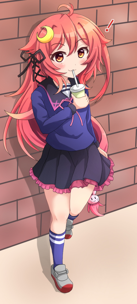 ! 1girl :3 ahoge bangs black_ribbon black_skirt blue_legwear blue_shirt blush brick_wall bunny_hair_ornament closed_mouth commentary_request crescent crescent_hair_ornament cup disposable_cup drinking_straw eyebrows_visible_through_hair frilled_skirt frills full_body grey_footwear hair_between_eyes hair_ornament hair_ribbon holding holding_cup kantai_collection kneehighs loafers long_hair looking_at_viewer neck_ribbon pink_ribbon pleated_skirt red_eyes redhead ribbon shirt shiruzu_(sills_ud) shoes skirt solo standing standing_on_one_leg uzuki_(kancolle) very_long_hair