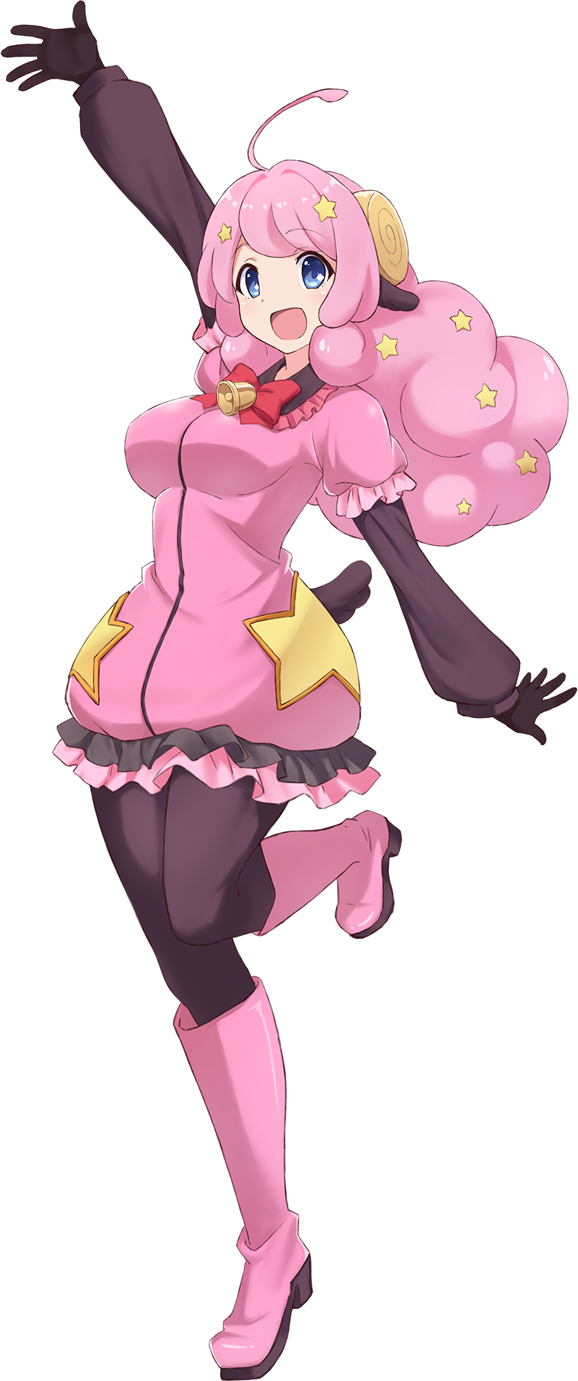 1girl ahoge animal_ears artist_request bell black_gloves black_legwear blue_eyes blush boots bow bowtie breasts frills full_body gloves hair_ornament highres horns knee_boots long_hair looking_at_viewer medium_breasts moa_(show_by_rock!!) official_art open_mouth pantyhose pink_hair pink_legwear red_neckwear sheep_ears sheep_horns shiny shiny_hair show_by_rock!! simple_background smile solo standing standing_on_one_leg star_(symbol) star_hair_ornament