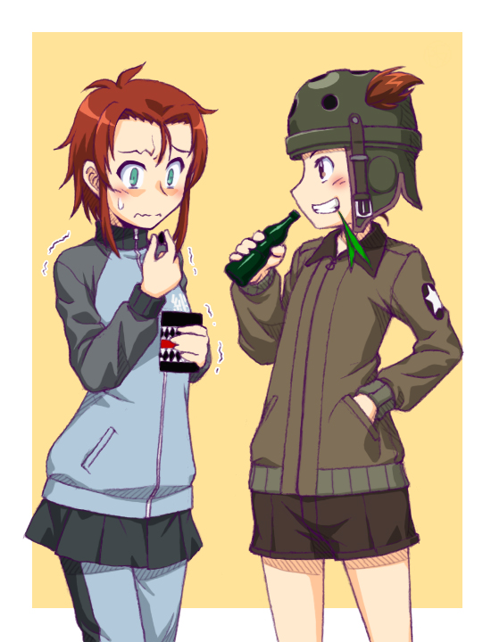 2girls bangs black_shorts blue_eyes blue_jacket blue_pants blue_skirt blunt_bangs blush border bottle brown_eyes brown_hair brown_jacket commentary constricted_pupils cosplay costume_switch eating emblem frown girls_und_panzer green_headwear grin hair_through_headwear hand_in_pocket helmet helmet-chan_(girls_und_panzer) holding holding_bottle jacket keizoku_military_uniform long_sleeves looking_at_another mikko_(girls_und_panzer) military military_uniform miniskirt multiple_girls oosaka_kanagawa open_mouth outside_border pants pants_rolled_up pants_under_skirt pleated_skirt raglan_sleeves red_eyes redhead saunders_military_uniform short_hair short_shorts short_twintails shorts sidelocks single_vertical_stripe skirt smile stalk_in_mouth standing star_(symbol) sweatdrop tank_helmet track_jacket track_pants twintails uniform wavy_mouth white_border yellow_background