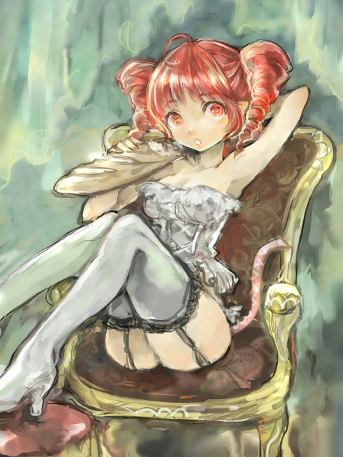 1girl ahoge arm_behind_head arm_up armpits baguette boots bread camisole chair commentary drill_hair eating faux_traditional_media food footstool garter_straps kasane_teto kedama_black lingerie lips looking_at_viewer red_eyes redhead short_hair sitting solo strapless_camisole thigh-highs thigh_boots twin_drills underwear utau white_camisole white_legwear