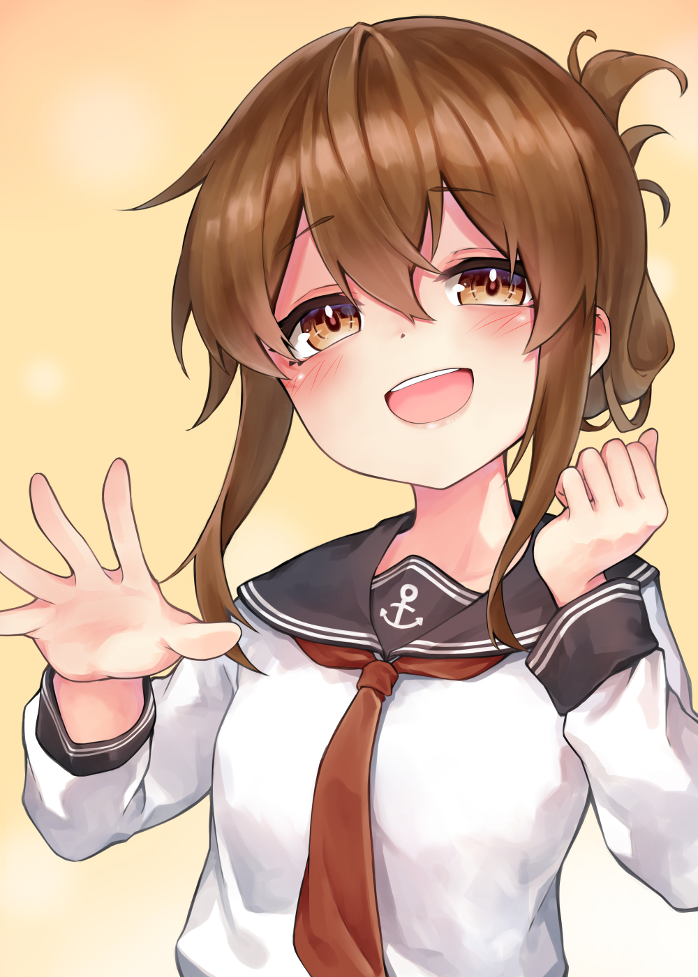 1girl black_sailor_collar blush brown_eyes brown_hair eyebrows_visible_through_hair folded_ponytail hair_between_eyes highres inazuma_(kancolle) kamidanomi kantai_collection long_hair open_mouth sailor_collar school_uniform serafuku smile solo upper_body