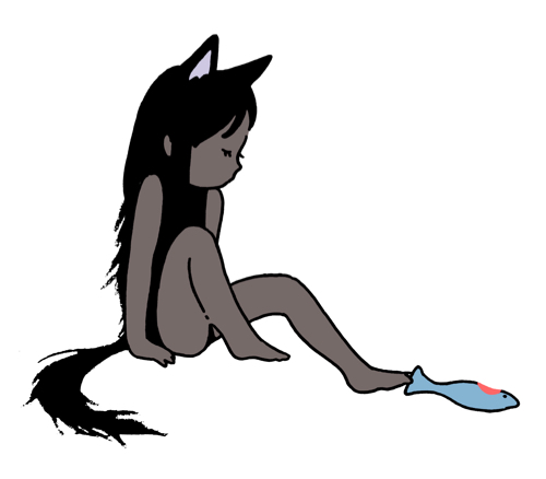 ._. 1girl animal_ears arm_support backlighting bangs bare_arms bare_legs bare_shoulders barefoot between_toes black_hair blending cat_ears cat_girl cat_tail child closed_eyes closed_mouth extra_ears facing_to_the_side fish food_bite foot_hold from_side full_body hirasawa_minami knee_up long_hair lowres original outstretched_leg profile simple_background sitting solo tail white_background