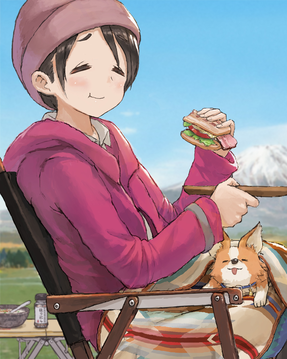 1girl :t black_hair blanket chair chihuahua chikuwa_(yurucamp) closed_eyes day dog eating folding_chair folding_table food hat highres holding holding_food iwauchi_tomoki jacket mount_fuji outdoors saitou_ena sandwich short_hair sitting tongue tongue_out yurucamp