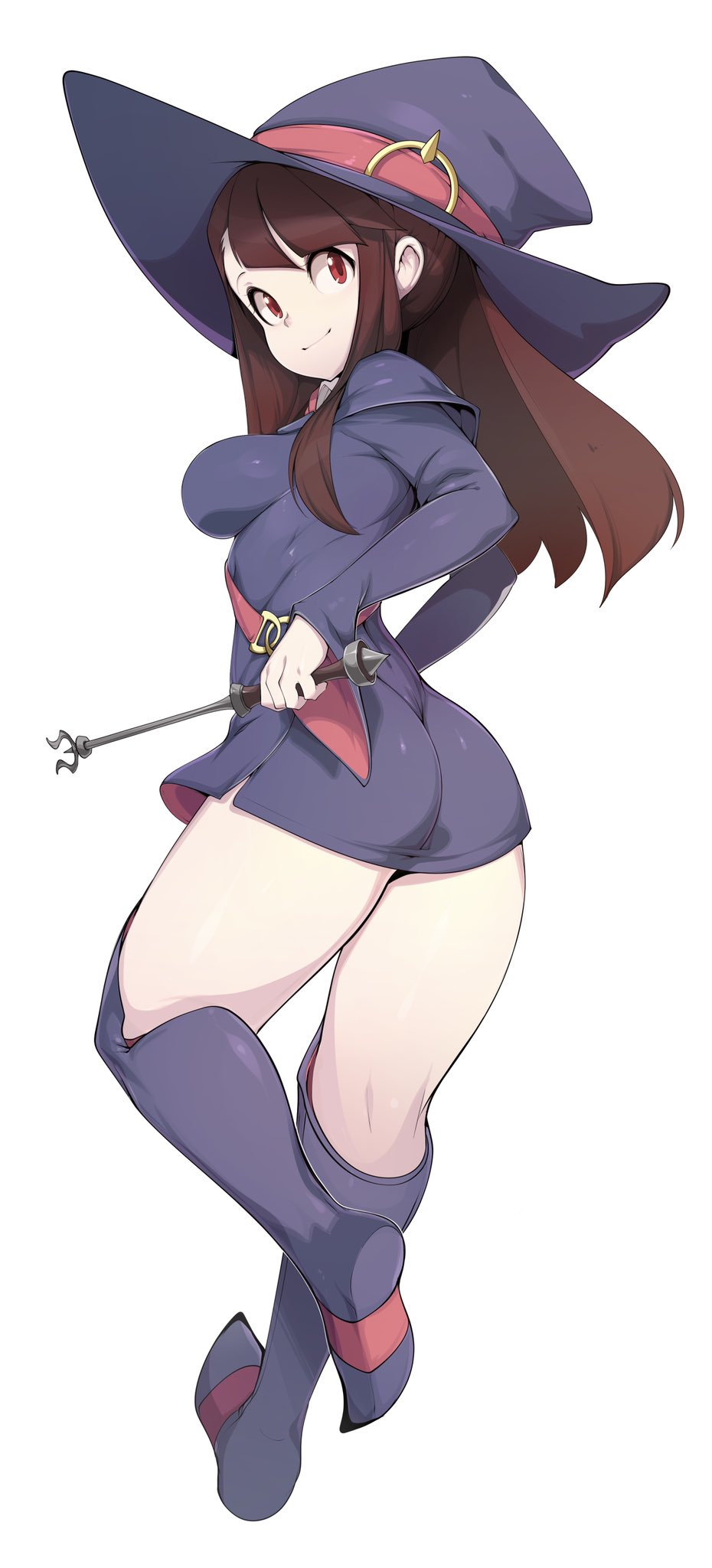 1girl ass bangs boots breasts brown_hair closed_mouth commentary dress english_commentary from_behind hat highres impossible_clothes impossible_dress kagari_atsuko little_witch_academia long_hair looking_at_viewer looking_back luna_nova_school_uniform medium_breasts red_eyes revision school_uniform shiny shiny_hair shiny_skin short_dress simple_background slugbox smile solo standing wand white_background witch witch_hat