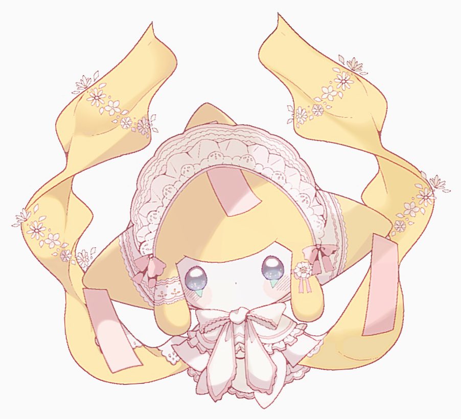 blush bonnet closed_mouth clothed_pokemon commentary_request frills full_body gen_3_pokemon grey_eyes head_tilt jirachi looking_at_viewer mythical_pokemon no_humans pokemon pokemon_(creature) remon_(920moomin) ribbon simple_background solo white_background