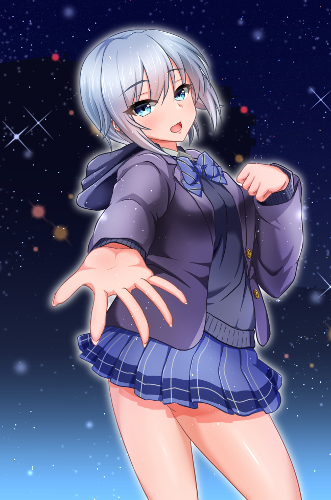 1girl :d bangs blue_bow blue_eyes blue_skirt bow hand_up hood hood_down jacket long_sleeves looking_at_viewer open_mouth original otomore_(shashaki) outstretched_hand short_hair silver_hair simple_background skirt smile solo taw_(t765p)