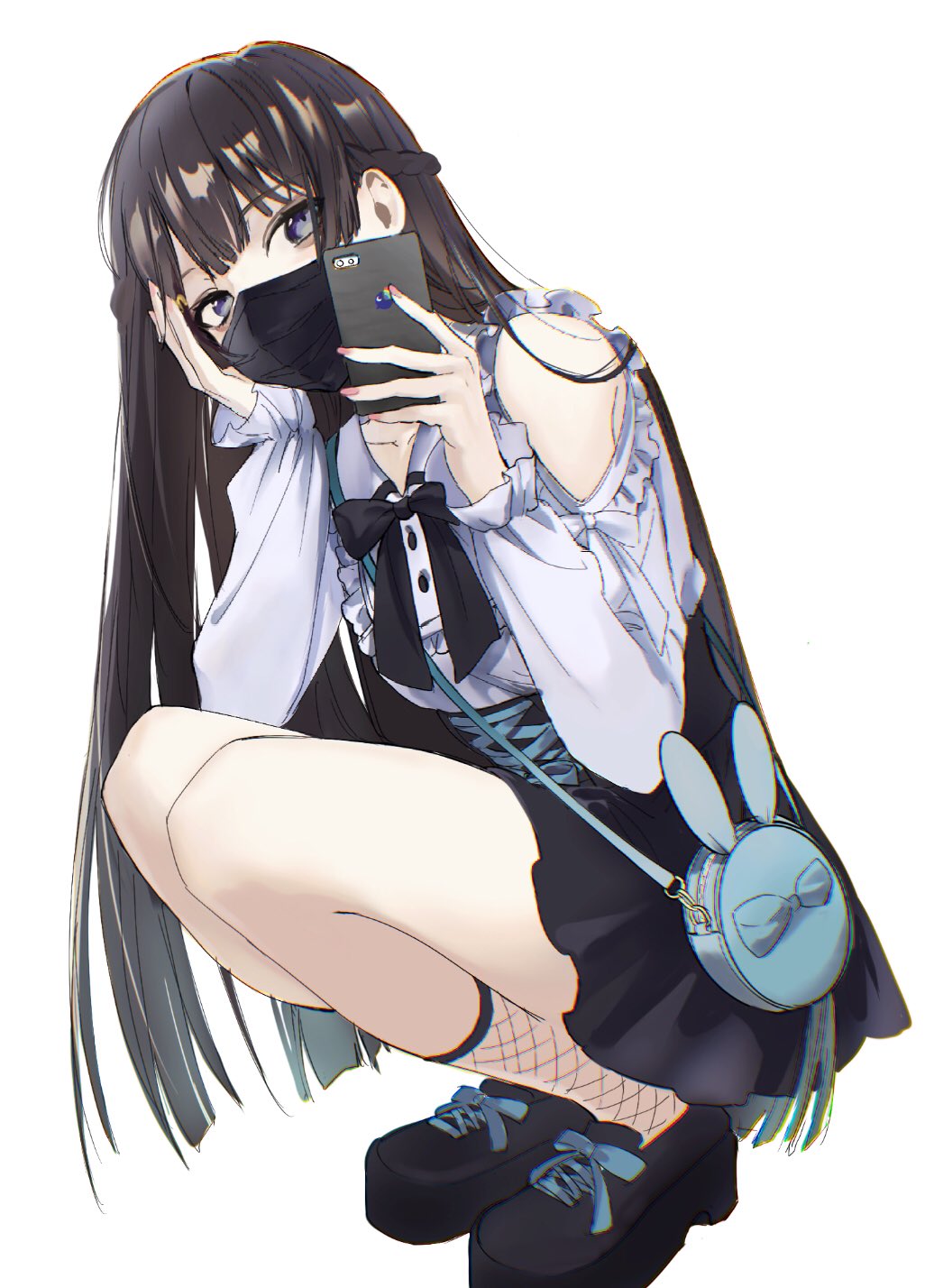1girl abekoke_salaryman bag bare_shoulders black_bow black_hair blue_eyes bow bowtie braid cellphone clothing_cutout commentary_request covered_mouth cross-laced_clothes dress fishnet_legwear fishnets french_braid frills full_body hair_down handbag head_rest highres holding holding_phone long_hair long_sleeves mask mouth_mask nail_polish nijisanji phone pink_nails platform_footwear shoulder_cutout simple_background smartphone solo squatting tsukino_mito virtual_youtuber white_background