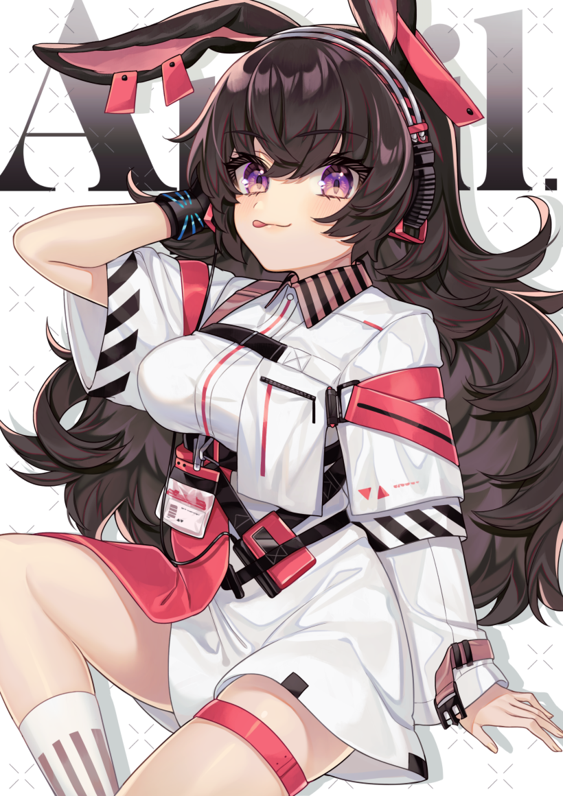 1girl :3 :q animal_ears april_(arknights) arknights arm_up asymmetrical_clothes asymmetrical_sleeves black_hair blush breasts character_name collared_dress digital_media_player dress feet_out_of_frame hand_in_hair headphones invisible_chair karokuchitose kneehighs long_hair long_sleeves looking_at_viewer medium_breasts patterned_background rabbit_ears short_sleeves sitting solo thigh_strap tongue tongue_out underbust very_long_hair violet_eyes white_dress white_legwear