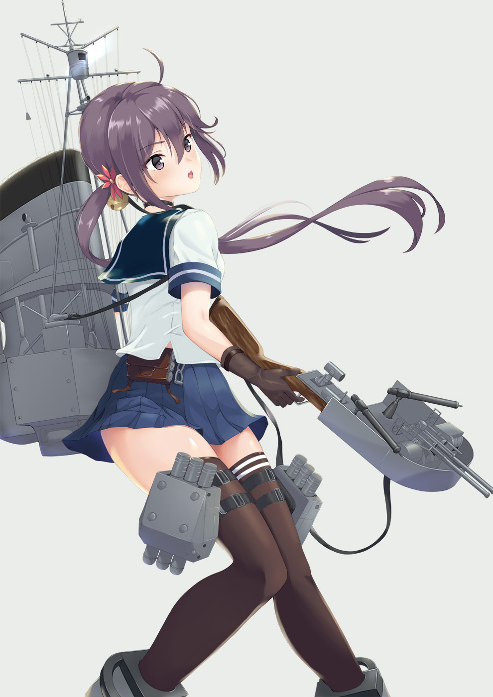 1girl adapted_turret akebono_(kancolle) bell black_legwear blue_sailor_collar blue_skirt brown_gloves cannon choker feet_out_of_frame flower gloves grey_background grey_hair hair_bell hair_flower hair_ornament highres jingle_bell kantai_collection long_hair machinery ochikata_kage pleated_skirt remodel_(kantai_collection) sailor_collar school_uniform serafuku short_sleeves side_ponytail simple_background skirt smokestack solo thigh-highs turret very_long_hair violet_eyes