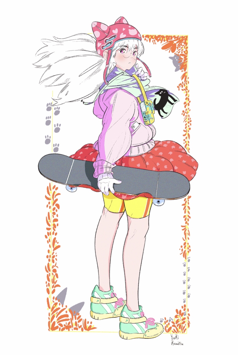 aqua_footwear bangs glasses hat highres holding_skateboard hood hood_down hoodie kawatsu_yuuki long_hair original pink_eyes pink_headwear pink_hoodie polka_dot_skirt red_skirt round_eyewear scarf shoes shorts signature skateboard skirt white_hair yellow_shorts