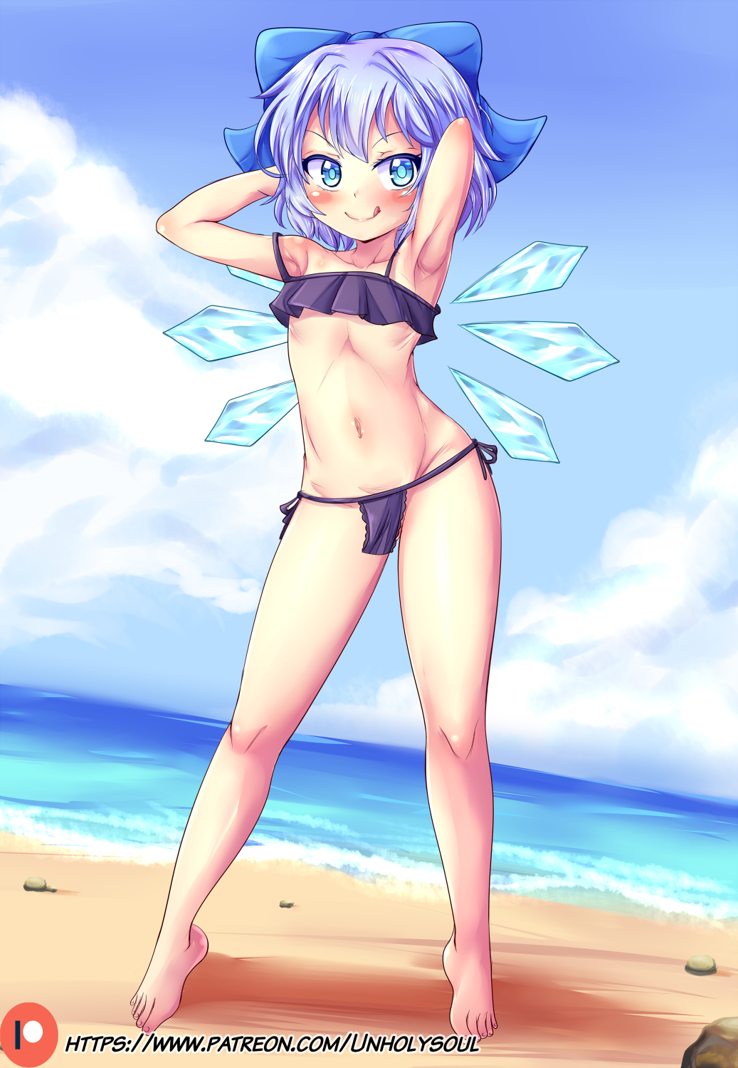 1girl :q armpits arms_up bangs bare_shoulders barefoot beach blue_bow blue_eyes blue_hair blush bow breasts bright_pupils cirno clouds cloudy_sky collarbone contrapposto day dutch_angle english_commentary full_body highres horizon ice ice_wings looking_at_viewer navel outdoors patreon_username short_hair sky small_breasts solo standing strap_slip swimsuit tongue tongue_out touhou unholysoul wings