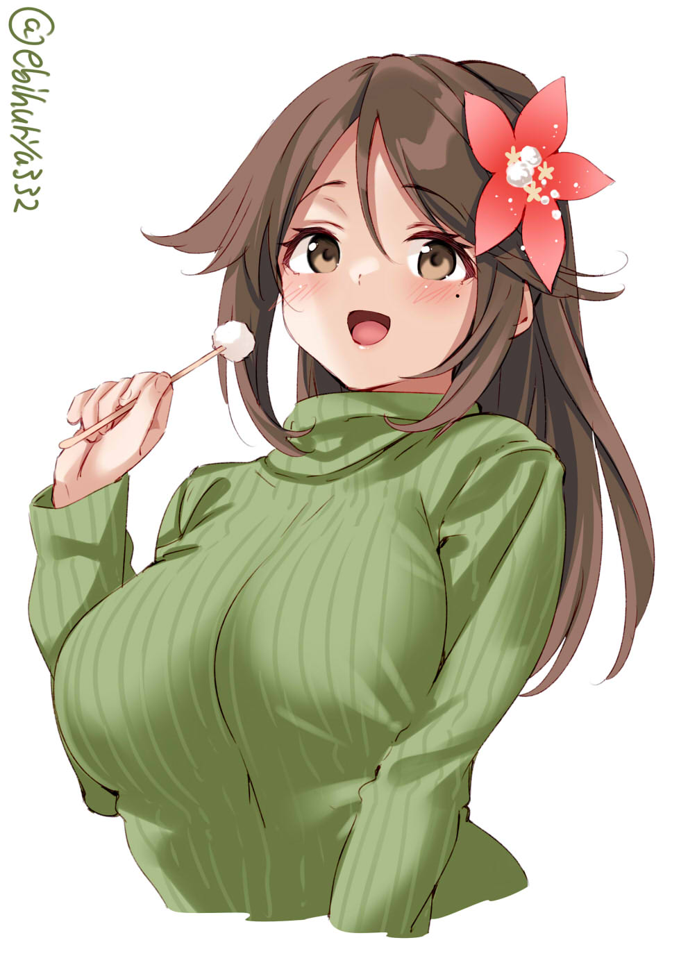 1girl :d amagi_(kancolle) blush breasts brown_hair commentary_request ebifurya eyebrows_visible_through_hair flower green_sweater hair_flower hair_ornament hand_up highres kantai_collection large_breasts long_hair long_sleeves looking_at_viewer mole mole_under_eye open_mouth ponytail simple_background smile solo sweater turtleneck turtleneck_sweater upper_body white_background