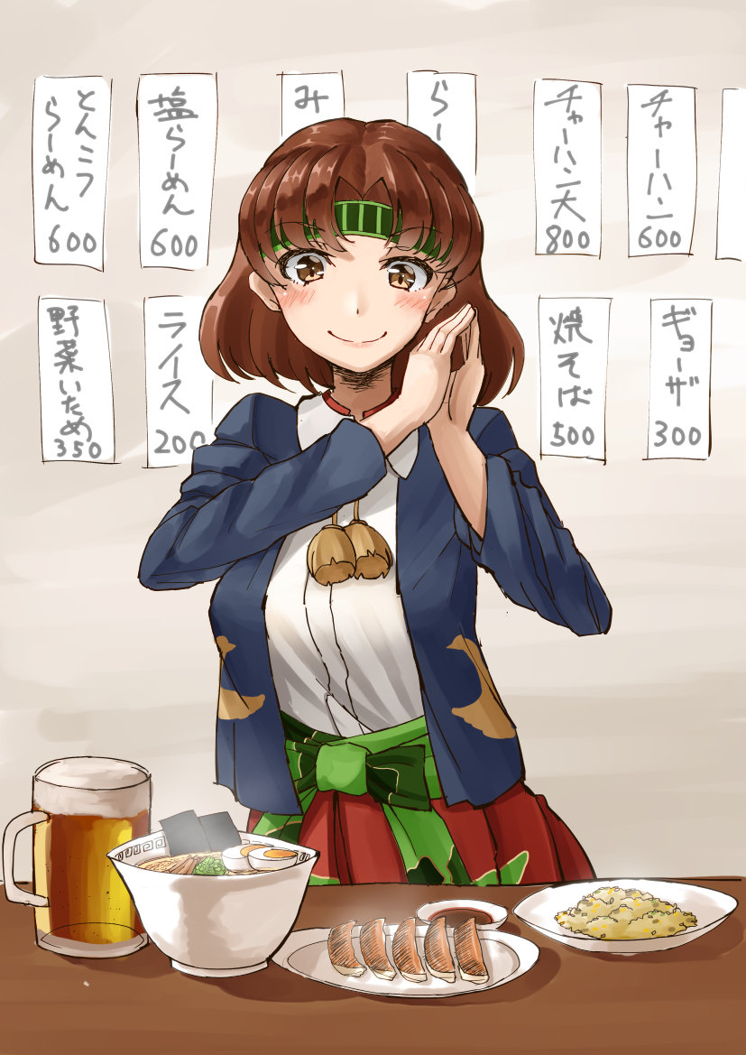 alcohol beer blouse brown_eyes brown_hair camouflage camouflage_skirt chiyoda_(kancolle) dish dumpling food food_focus fried_rice hands_together headband jacket jiaozi kantai_collection mayura2002 medium_hair noodles plate ramen skirt smile table white_blouse