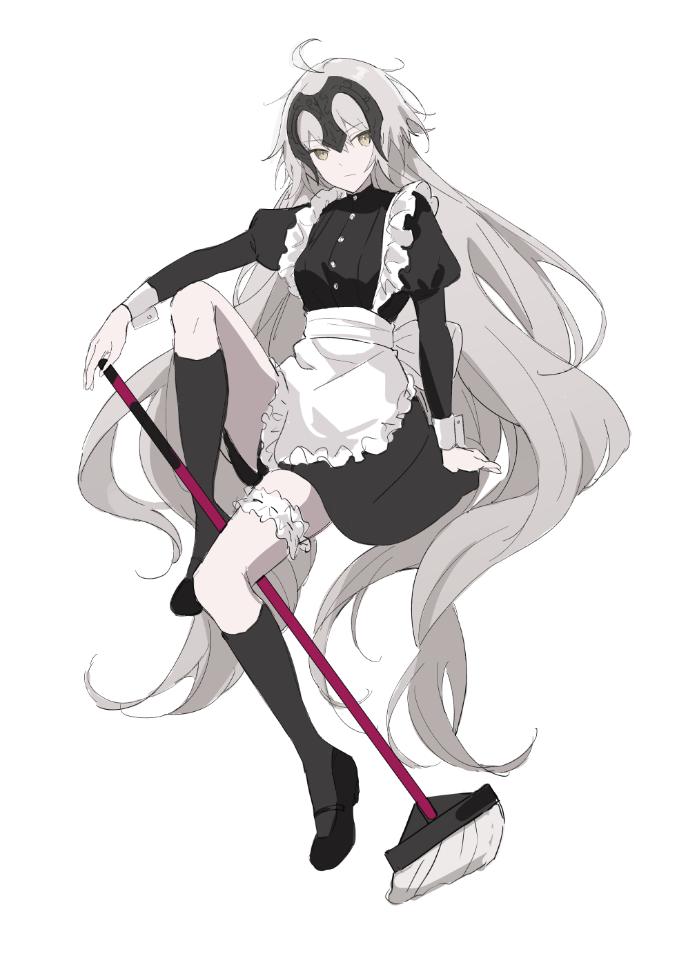 1girl apron black_legwear black_shirt fate/grand_order fate_(series) headpiece highres holding holding_mop jeanne_d'arc_(alter)_(fate) jeanne_d'arc_(fate)_(all) long_hair maid maid_apron mop nakamura_(wmfp3834) shirt silver_hair simple_background sitting solo thigh-highs very_long_hair white_background wrist_cuffs yellow_eyes