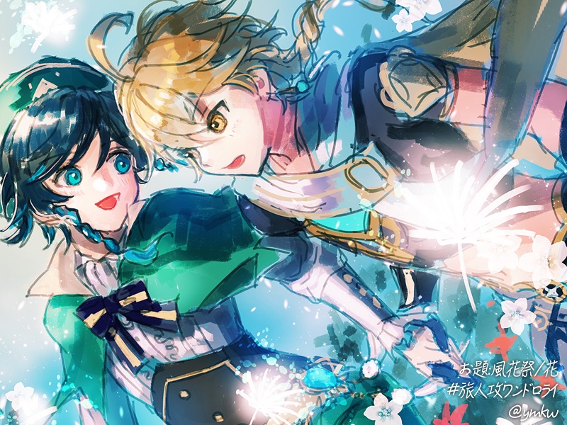 2boys aether_(genshin_impact) ahoge androgynous bangs beret black_hair blonde_hair blue_hair blush bow braid brooch cape collared_cape collared_shirt corset earrings eyebrows_visible_through_hair feathers flower frilled_sleeves frills genshin_impact gradient_hair green_eyes green_headwear green_shorts hair_between_eyes hat jewelry long_hair long_sleeves male_focus multicolored_hair multiple_boys open_mouth scarf shirt short_hair_with_long_locks shorts single_earring smile tassel tassel_earrings twin_braids venti_(genshin_impact) vision_(genshin_impact) white_flower white_shirt yamakawa_umi yellow_eyes