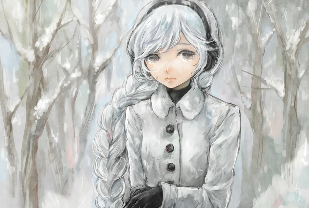 1girl bare_tree black_gloves braid coat commentary earmuffs gloves grey_eyes kedama_black lips long_hair looking_at_viewer outdoors sekka_yufu silver_hair snow solo tree upper_body utau very_long_hair white_coat winter