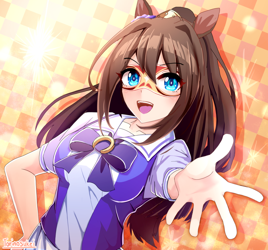 1girl animal_ears artist_name blue_eyes blue_ribbon blue_vest breasts brown_hair checkered checkered_background commentary_request drop_shadow el_condor_pasa_(umamusume) eyebrows_visible_through_hair gradient gradient_background hair_between_eyes hand_on_hip horse_ears horseshoe_ornament leaning_to_the_side long_hair looking_at_viewer mask medium_breasts open_mouth orange_background outstretched_hand ponytail puffy_short_sleeves puffy_sleeves ribbon school_uniform shirt short_sleeves solo sparkle standing torinosuke tracen_school_uniform umamusume upper_body upper_teeth very_long_hair vest white_shirt