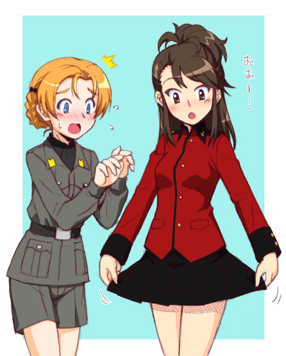 2girls ^^^ amaretto_(girls_und_panzer) anzio_military_uniform aqua_background asymmetrical_bangs bangs belt black_belt black_bow black_shirt black_skirt blue_eyes blush border bow braid brown_eyes brown_hair commentary cosplay costume_switch dress_shirt epaulettes flying_sweatdrops frown girls_und_panzer grey_jacket grey_shorts hair_bow half_updo jacket long_hair long_sleeves looking_at_another military military_uniform miniskirt motion_lines multiple_girls oosaka_kanagawa open_mouth orange_hair orange_pekoe_(girls_und_panzer) outside_border parted_bangs pleated_skirt red_eyes red_jacket shirt short_hair shorts skirt skirt_hold st._gloriana's_military_uniform standing sweatdrop swept_bangs tied_hair uniform white_border wing_collar