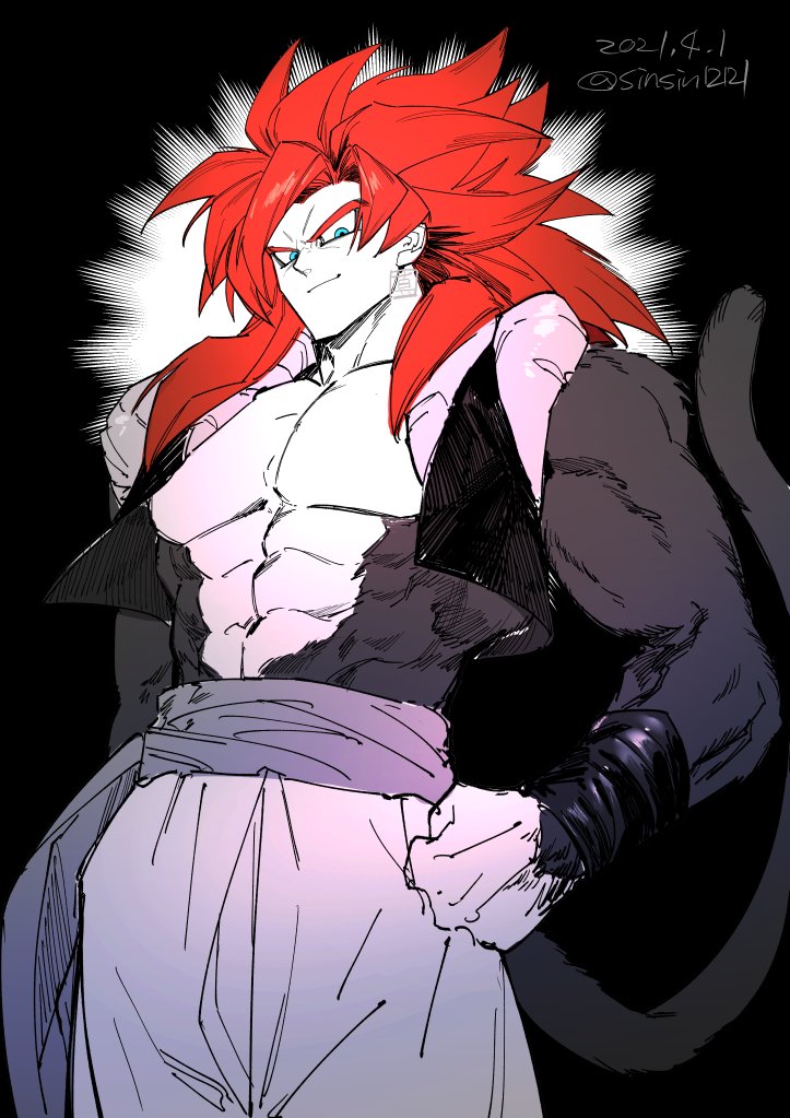 1boy abs blue_eyes closed_mouth dated dragon_ball dragon_ball_gt fur gogeta hand_on_hip long_hair male_focus metamoran_vest monkey_boy monkey_tail muscular pants pectorals redhead shin_(sinsin12121) simple_background solo spiky_hair super_saiyan super_saiyan_4 tail twitter_username