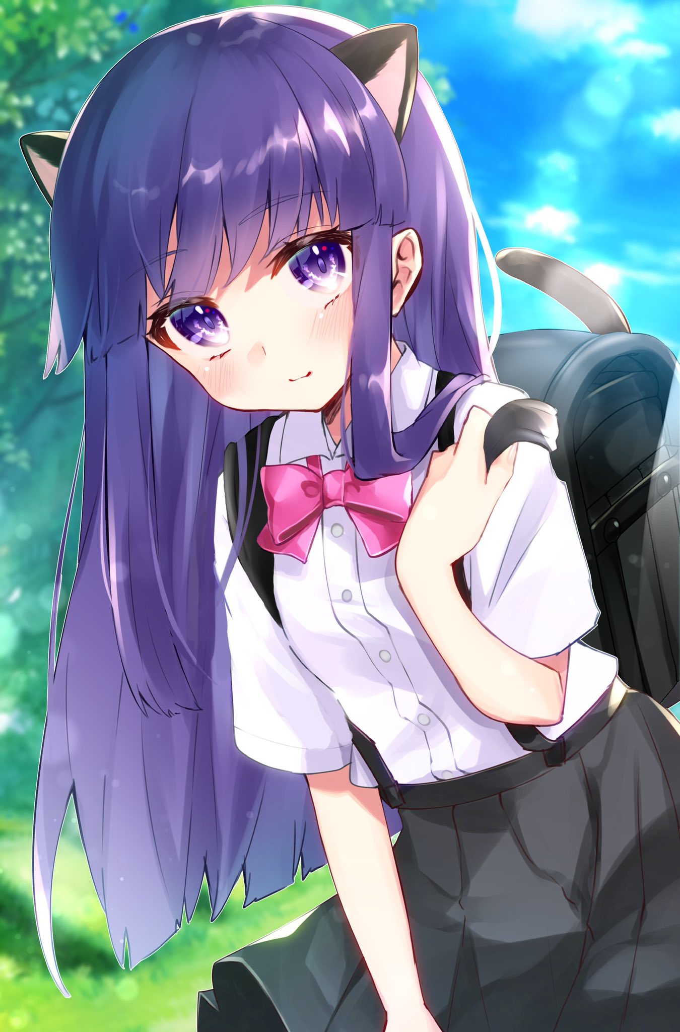 1girl animal_ears backpack bag bangs black_skirt blush bow bowtie cat_ears cat_tail clouds eyebrows_visible_through_hair furude_rika grass highres higurashi_no_naku_koro_ni kemonomimi_mode leaning_forward long_hair looking_at_viewer pink_neckwear pleated_skirt purple_hair randoseru shirt short_sleeves skirt sky snake_5291 solo suspenders tail tree violet_eyes white_shirt