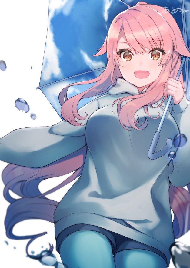 1girl :d ameshizuku_natsuki bangs blue_legwear blush breasts commentary_request cowboy_shot drawstring eyebrows_visible_through_hair fang grey_hoodie hand_up holding holding_umbrella hood hood_down hoodie large_breasts long_hair long_sleeves looking_at_viewer open_mouth original outstretched_arm pantyhose pink_hair sidelocks signature simple_background smile solo swept_bangs umbrella water_drop white_background yellow_eyes