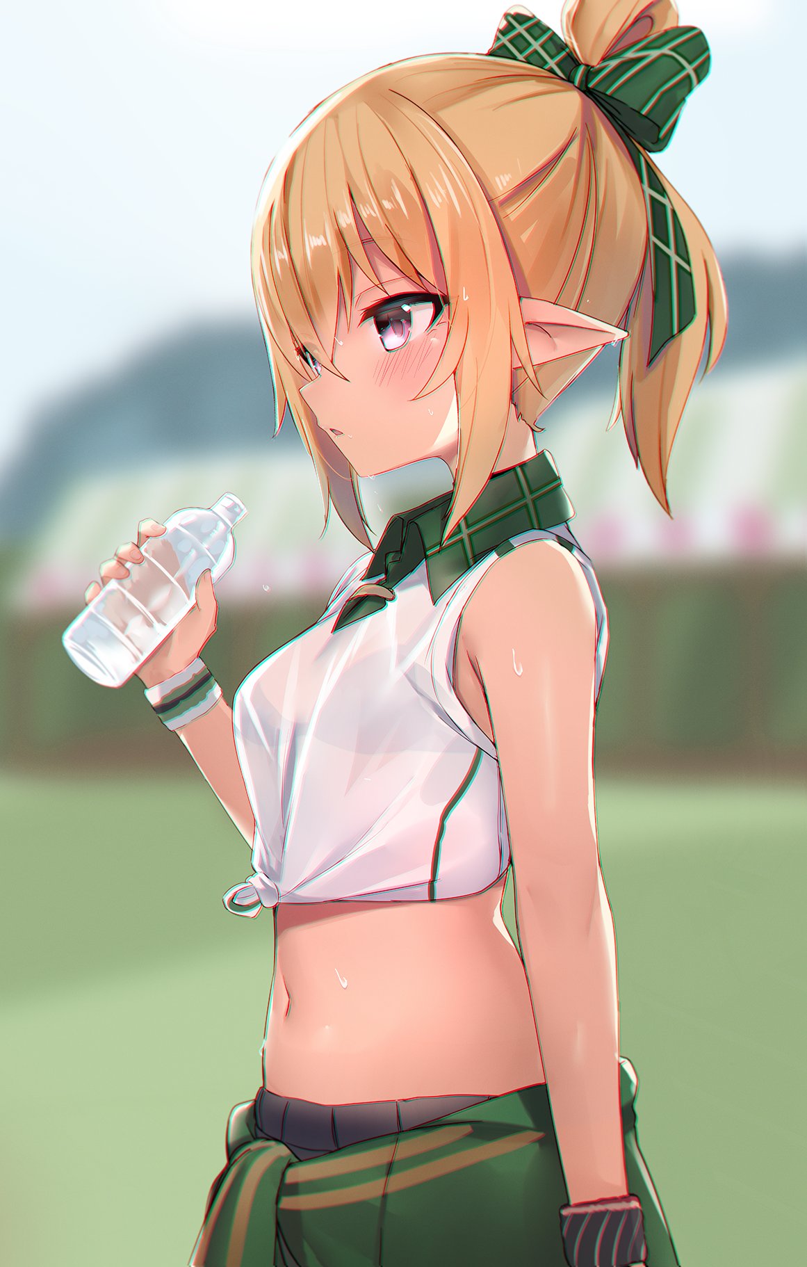 1girl black_bra blonde_hair blurry bottle bow bra bra_through_clothes breasts chloe_(princess_connect!) clothes_around_waist collared_shirt crop_top depth_of_field from_side front-tie_top hair_bow highres holding jacket jacket_around_waist kure_(kure_ng) looking_away midriff navel outdoors parted_lips pointy_ears ponytail princess_connect! princess_connect!_re:dive see-through shirt sidelocks sleeveless sleeveless_shirt small_breasts solo stomach underwear upper_body violet_eyes wet wet_clothes wet_shirt white_shirt