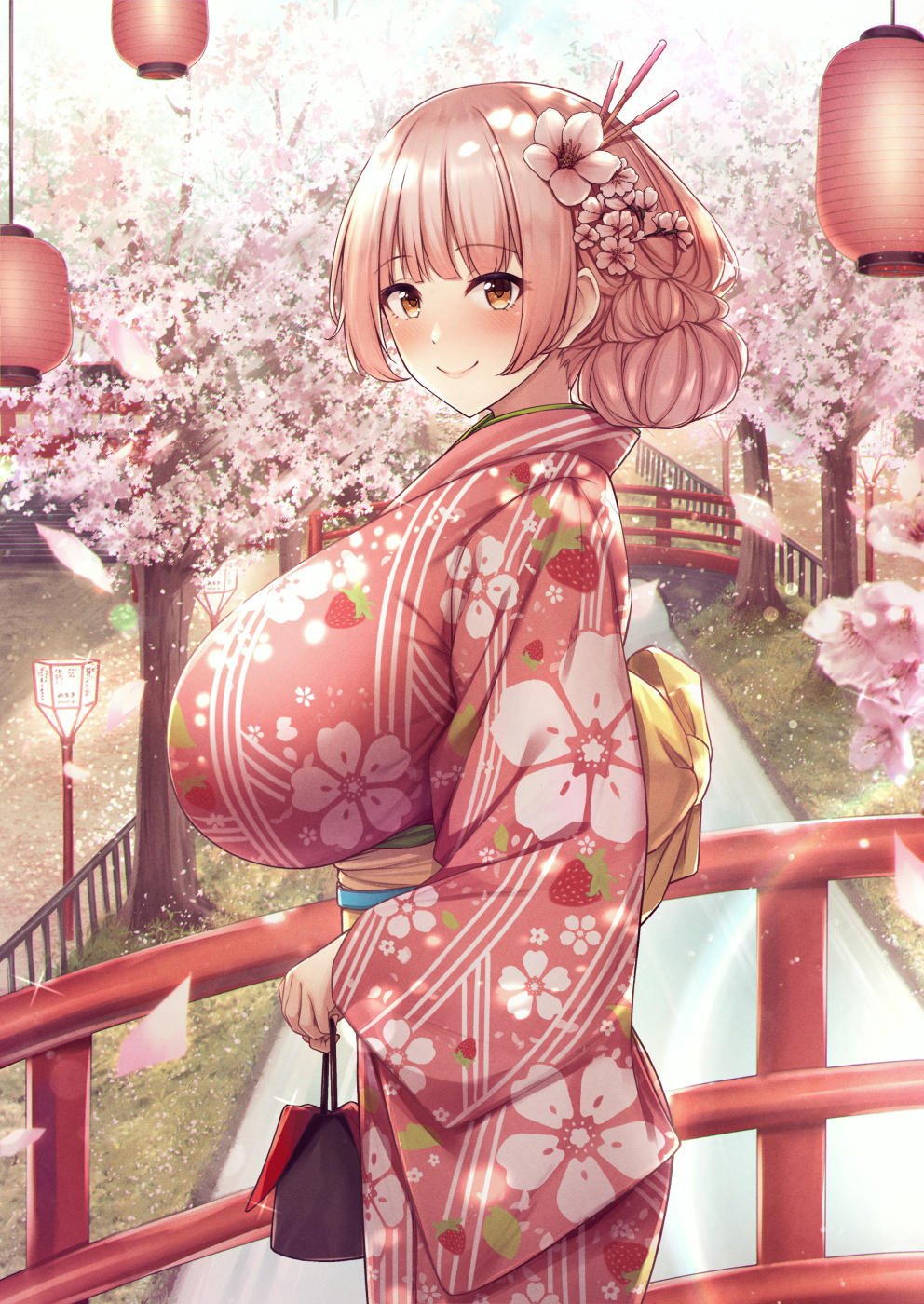 1girl breasts cherry_blossoms flower fou_zi from_side hair_flower hair_ornament hair_stick highres huge_breasts japanese_clothes kimono long_hair looking_at_viewer original outdoors petals pink_kimono sash smile solo yellow_sash