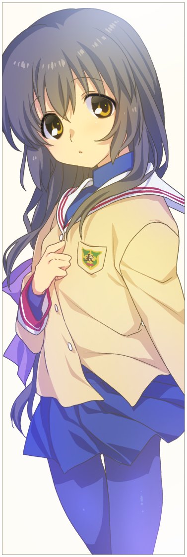 1girl badge beige_jacket black_hair black_legwear blazer blue_skirt brown_eyes clannad cowboy_shot hikarizaka_private_high_school_uniform ibuki_fuuko jacket long_hair low-tied_long_hair pantyhose pleated_skirt sailor_collar satomi_yoshitaka school_uniform simple_background skirt solo standing white_background white_sailor_collar