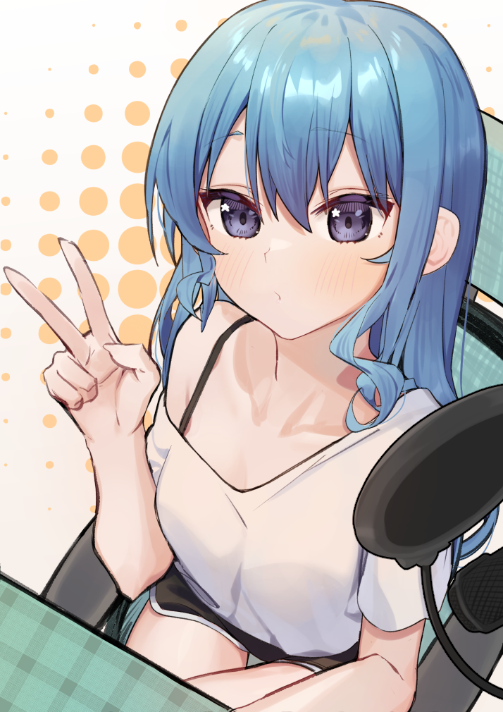 1girl alternate_costume bangs blue_eyes blue_hair breasts chair collarbone crossed_legs ears eyebrows_visible_through_hair from_above hair_between_eyes hand_up hololive hoshimachi_suisei long_hair looking_at_viewer looking_up microphone shirt shorts sitting small_breasts solo star_(symbol) syhan table v virtual_youtuber white_shirt