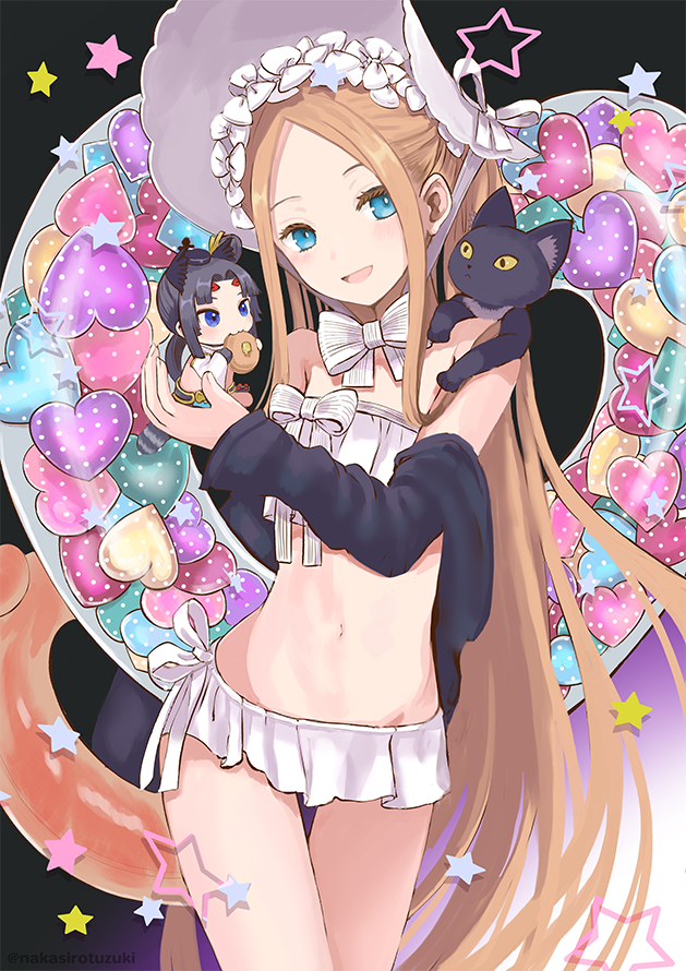 2girls abigail_williams_(fate) abigail_williams_(swimsuit_foreigner)_(fate) bangs bare_shoulders bikini black_cat black_jacket blonde_hair blue_eyes bonnet bow breasts cat fate/grand_order fate_(series) forehead hair_bow innertube jacket long_hair long_sleeves miniskirt multiple_girls nakasiro_tuzuki navel off_shoulder open_mouth parted_bangs sidelocks skirt small_breasts smile swimsuit ushiwakamaru_(fate) very_long_hair white_bikini white_bow white_headwear