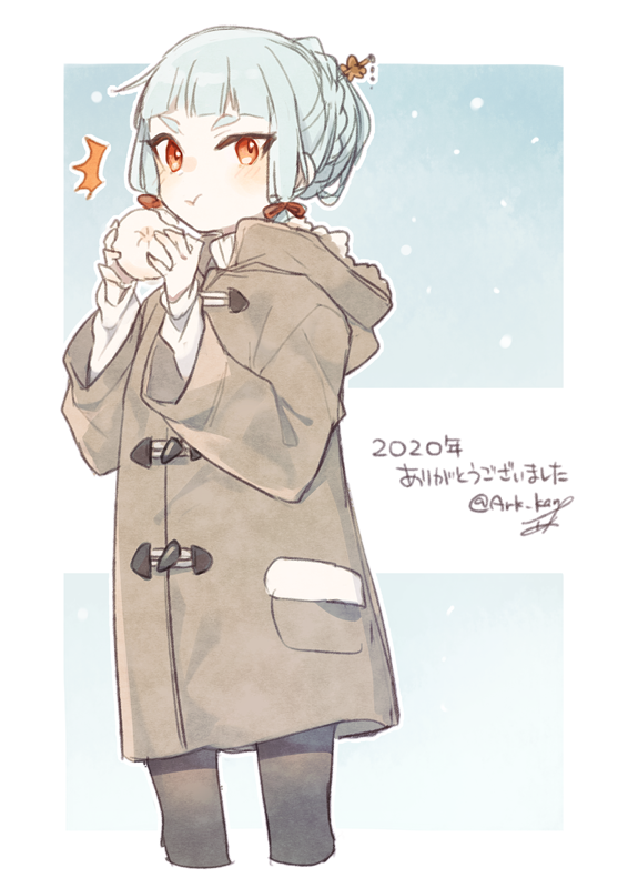 1girl :t alternate_costume alternate_hairstyle ark_kan bangs baozi blush brown_coat coat cropped_legs eating food hair_bun hair_ribbon holding holding_food hood hooded_coat kantai_collection long_sleeves murakumo_(kancolle) orange_eyes ribbon sidelocks silver_hair simple_background solo tress_ribbon twitter_username two-tone_background